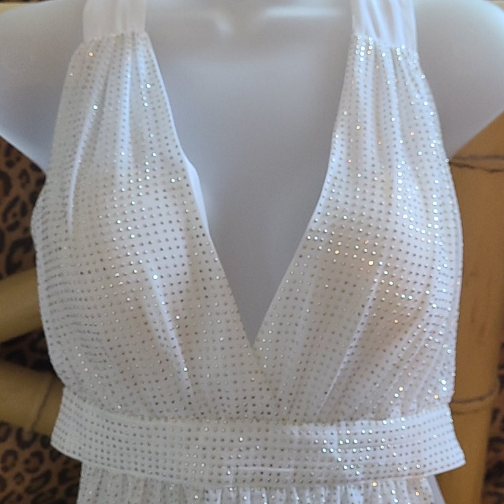 NWT Bebe draped back plunging white beaded top